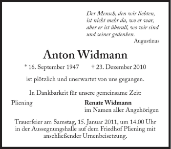 Traueranzeige von Anton Widmann von Süddeutsche Zeitung