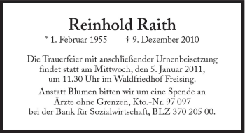 Traueranzeige von Reinhold Raith von Süddeutsche Zeitung