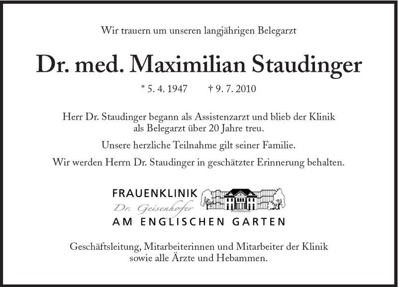  Traueranzeige für Maximilian Staudinger vom 14.07.2010 aus Süddeutsche Zeitung