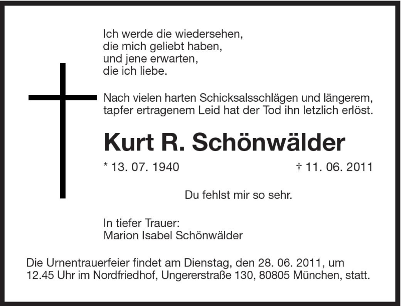  Traueranzeige für Kurt R. Schönwälder vom 25.06.2011 aus Süddeutsche Zeitung