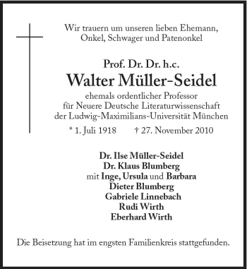 Traueranzeige von Walter Müller-Seidel von Süddeutsche Zeitung