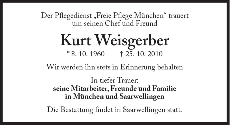  Traueranzeige für Kurt Weisgerber vom 03.11.2010 aus Süddeutsche Zeitung