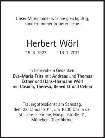 Traueranzeige von Herbert Wörl von Süddeutsche Zeitung