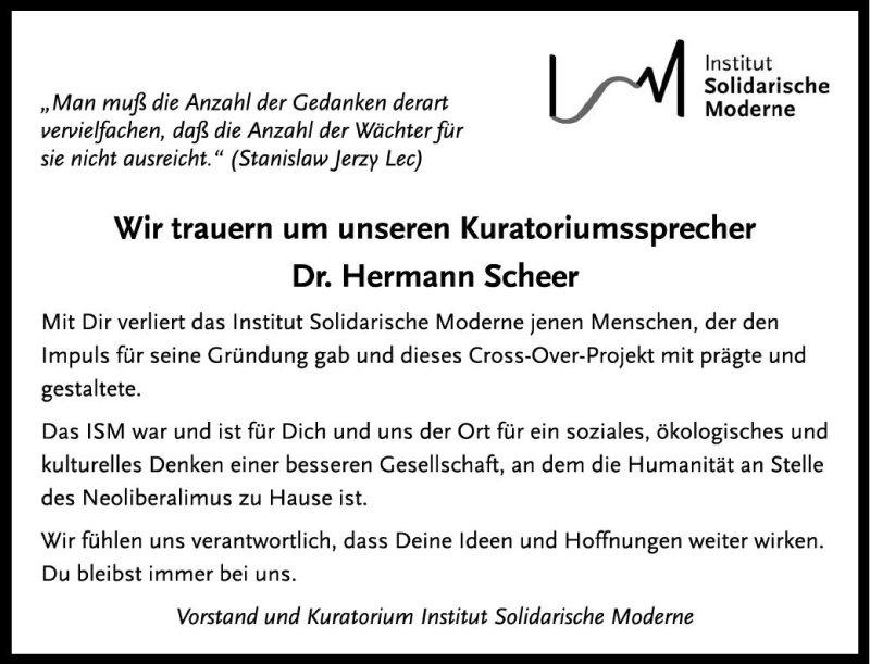  Traueranzeige für Hermann Scheer vom 23.10.2010 aus Süddeutsche Zeitung