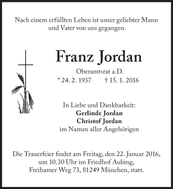 Traueranzeige von Franz Jordan von Süddeutsche Zeitung
