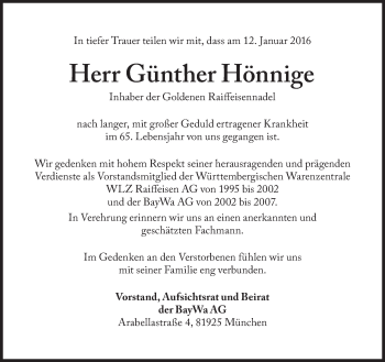 Traueranzeige von Günther Hönnige von Süddeutsche Zeitung