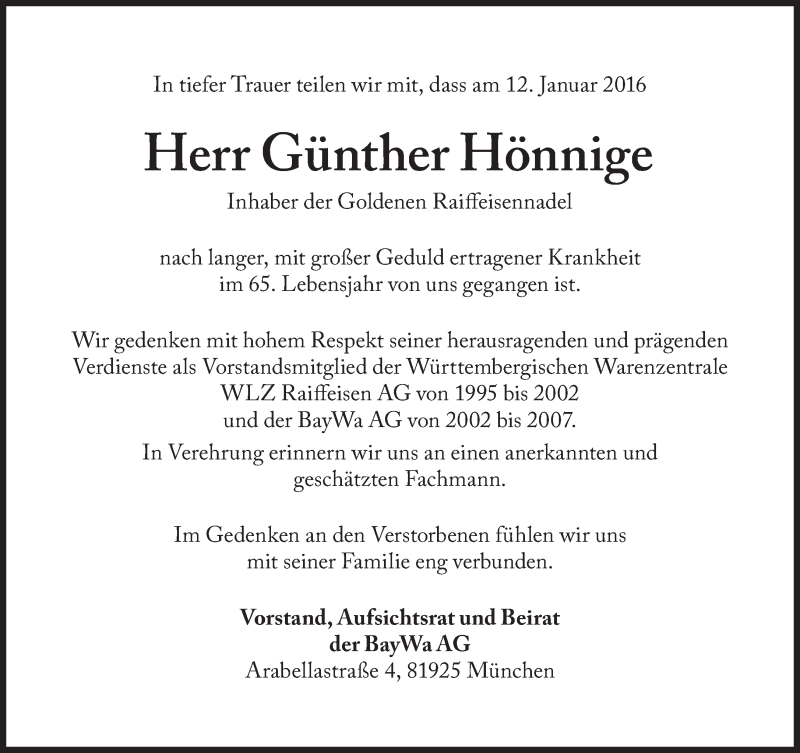  Traueranzeige für Günther Hönnige vom 20.01.2016 aus Süddeutsche Zeitung