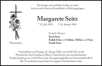 Traueranzeige von Margarete Seitz von Süddeutsche Zeitung