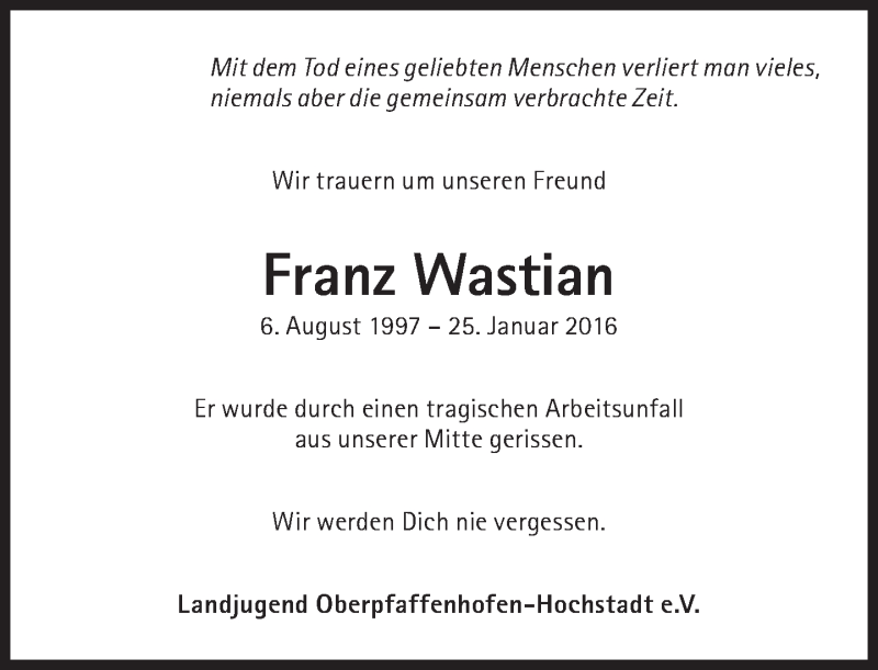  Traueranzeige für Franz Wastian vom 30.01.2016 aus Süddeutsche Zeitung