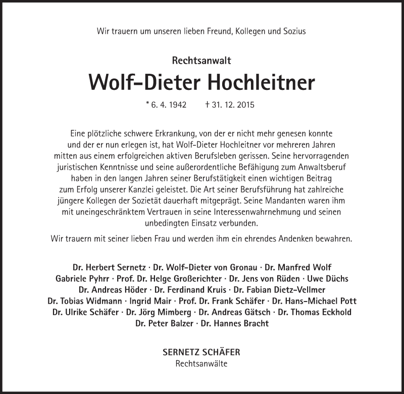  Traueranzeige für Wolf-Dieter Hochleitner vom 23.01.2016 aus Süddeutsche Zeitung