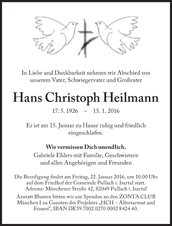 Traueranzeige von Hans Christoph Heilmann von Süddeutsche Zeitung