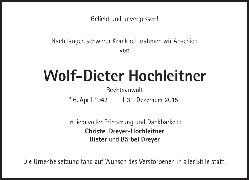  Traueranzeige für Wolf-Dieter Hochleitner vom 19.01.2016 aus Süddeutsche Zeitung