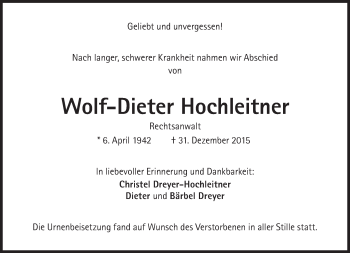 Traueranzeige von Wolf-Dieter Hochleitner von Süddeutsche Zeitung