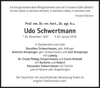 Traueranzeige von Udo Schwertmann von Süddeutsche Zeitung