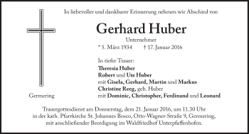 Traueranzeige von Gerhard Huber von Süddeutsche Zeitung
