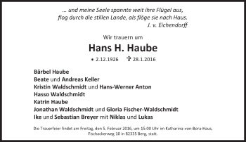 Traueranzeige von Hans H. Haube von Süddeutsche Zeitung