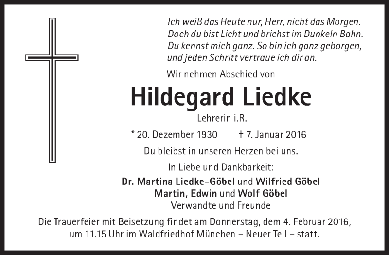  Traueranzeige für Hildegard Liedke vom 30.01.2016 aus Süddeutsche Zeitung