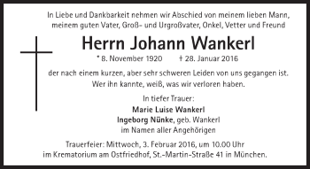 Traueranzeige von Johann Wankerl von Süddeutsche Zeitung