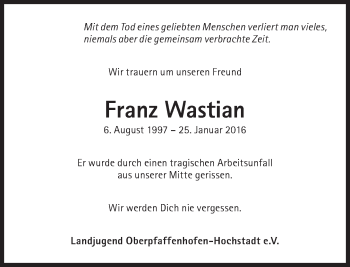 Traueranzeige von Franz Wastian von Süddeutsche Zeitung