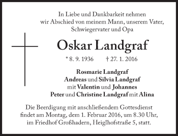 Traueranzeige von Oskar Landgraf von Süddeutsche Zeitung