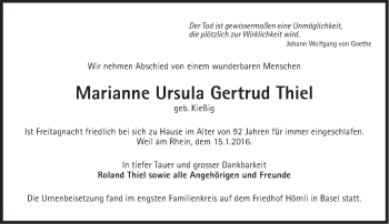Traueranzeige von Marianne Ursula Gertrud Thiel von Süddeutsche Zeitung