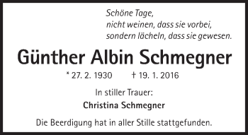 Traueranzeige von Günther Albin Schmegner  von Süddeutsche Zeitung