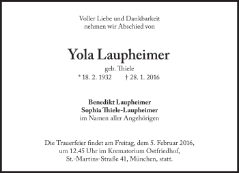 Traueranzeige von Yola Laupheimer von Süddeutsche Zeitung