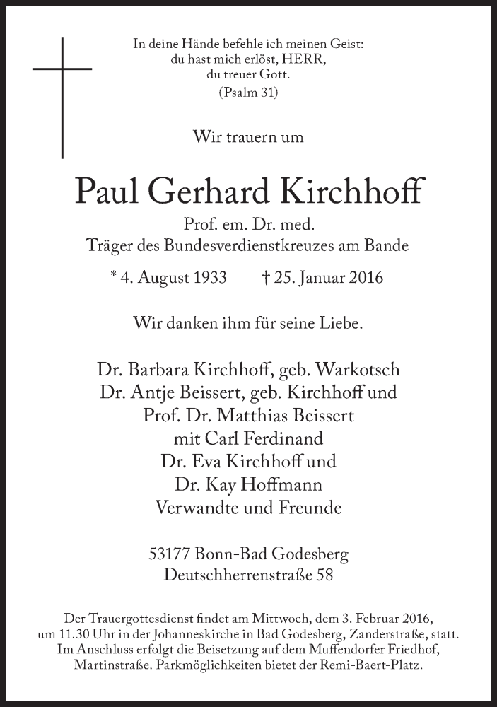  Traueranzeige für Paul Gerhard Kirchhoff  vom 30.01.2016 aus Süddeutsche Zeitung