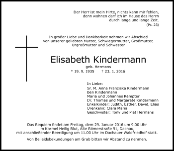 Traueranzeige von Elisabeth Kindermann von Süddeutsche Zeitung