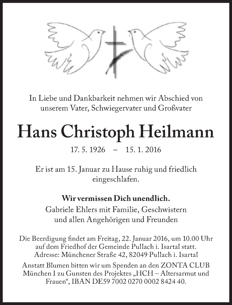  Traueranzeige für Hans Christoph Heilmann vom 19.01.2016 aus Süddeutsche Zeitung