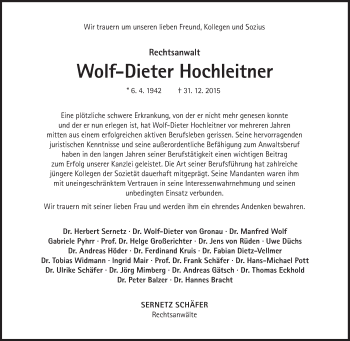 Traueranzeige von Wolf-Dieter Hochleitner von Süddeutsche Zeitung