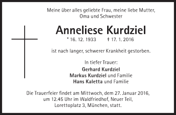 Traueranzeige von Anneliese Kurdziel von Süddeutsche Zeitung