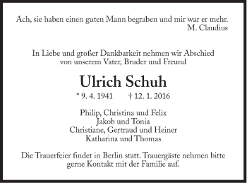 Traueranzeige von Ulrich Schuh von Süddeutsche Zeitung