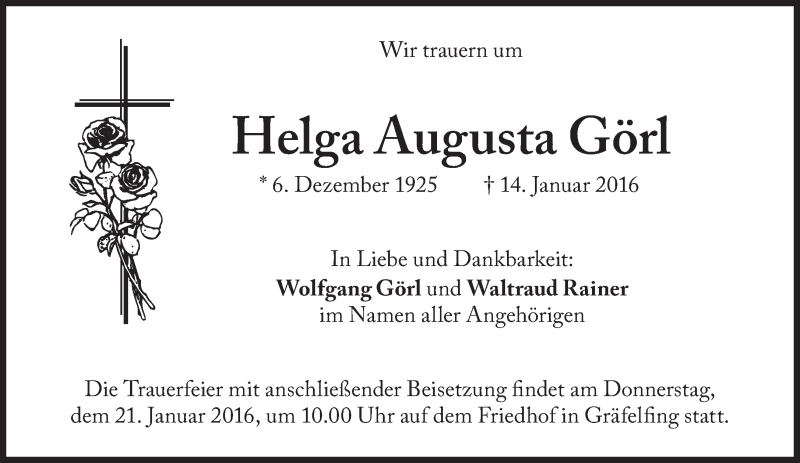  Traueranzeige für Helga Augusta Görl vom 19.01.2016 aus Süddeutsche Zeitung