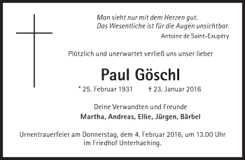 Traueranzeige von Paul Göschl von Süddeutsche Zeitung