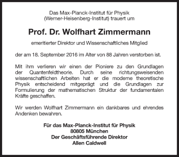 Traueranzeige von Wolfhart Zimmermann von Süddeutsche Zeitung