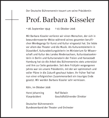 Traueranzeige von Barbara Kisseler von Süddeutsche Zeitung