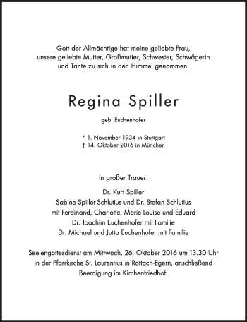 Traueranzeige von Regina Spiller von Süddeutsche Zeitung