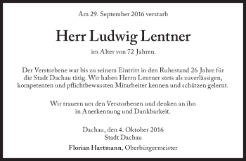 Traueranzeige von Ludwig Lentner von Süddeutsche Zeitung