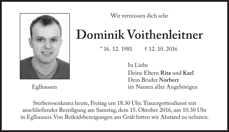  Traueranzeige für Dominik Voithenleitner vom 14.10.2016 aus Süddeutsche Zeitung