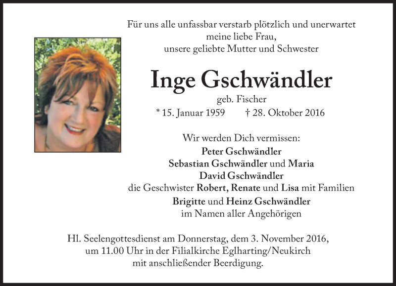  Traueranzeige für Inge Gschwändler vom 31.10.2016 aus Süddeutsche Zeitung