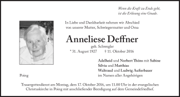 Traueranzeige von Anneliese Deffner von Süddeutsche Zeitung