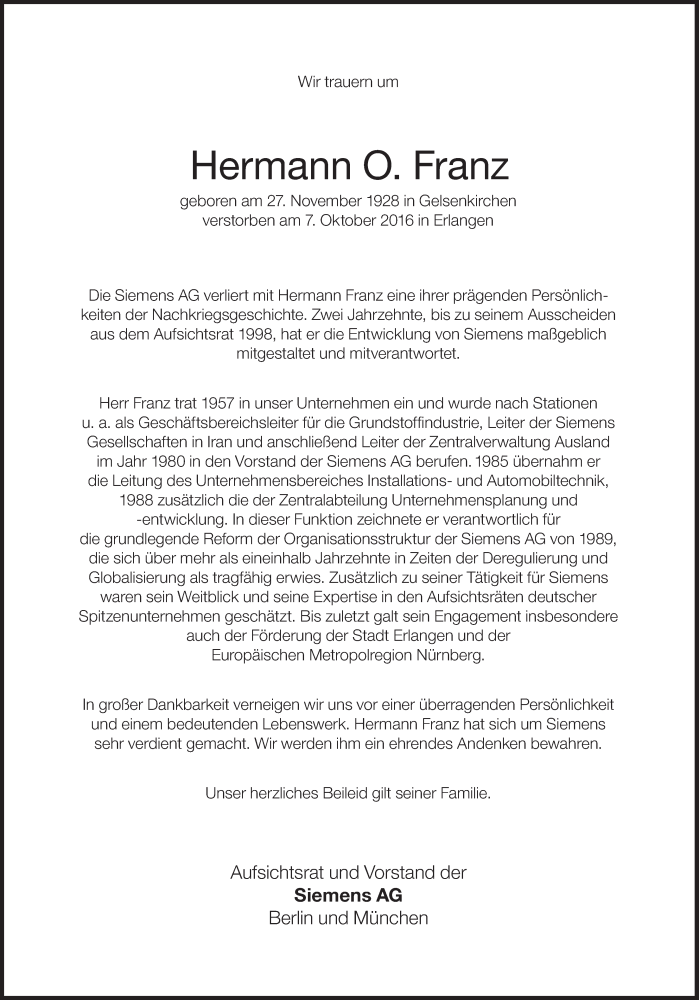  Traueranzeige für Hermann O. Franz vom 12.10.2016 aus Süddeutsche Zeitung