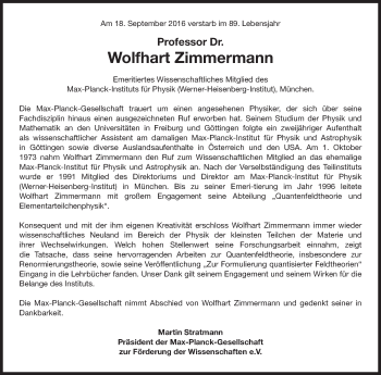 Traueranzeige von Wolfhart Zimmermann von Süddeutsche Zeitung
