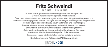 Traueranzeige von Fritz Schweindl von Süddeutsche Zeitung