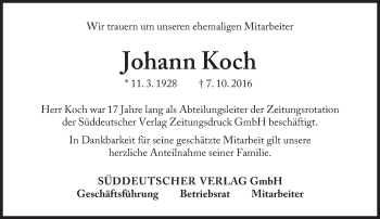 Traueranzeige von Johann Koch von Süddeutsche Zeitung