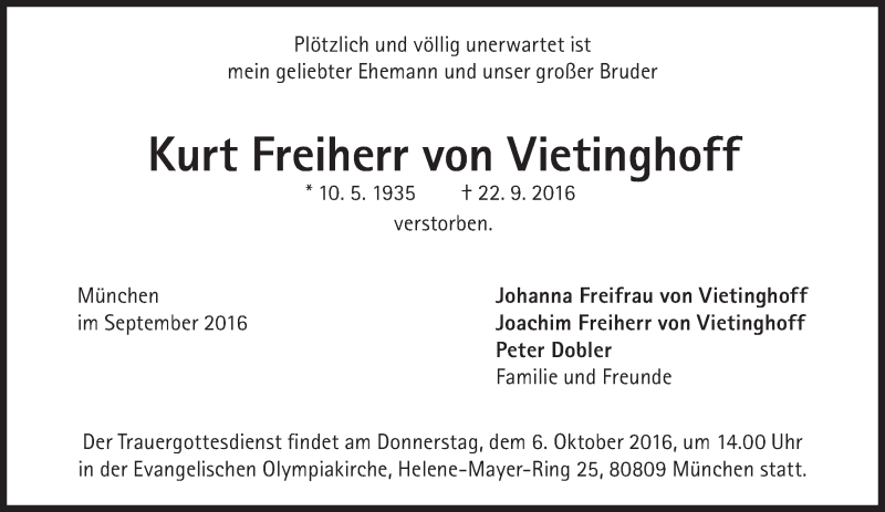  Traueranzeige für Kurt Freiherr von Vietinghoff vom 01.10.2016 aus Süddeutsche Zeitung