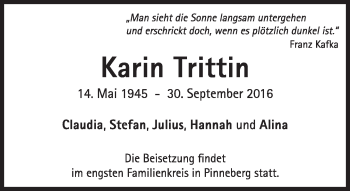 Traueranzeige von Karin Trittin von Süddeutsche Zeitung