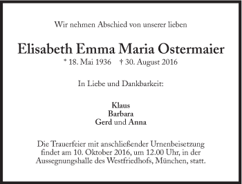 Traueranzeige von Elisabeth Emma Maria Ostermaier von Süddeutsche Zeitung