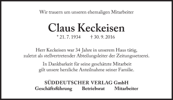 Traueranzeige von Claus Keckeisen von Süddeutsche Zeitung